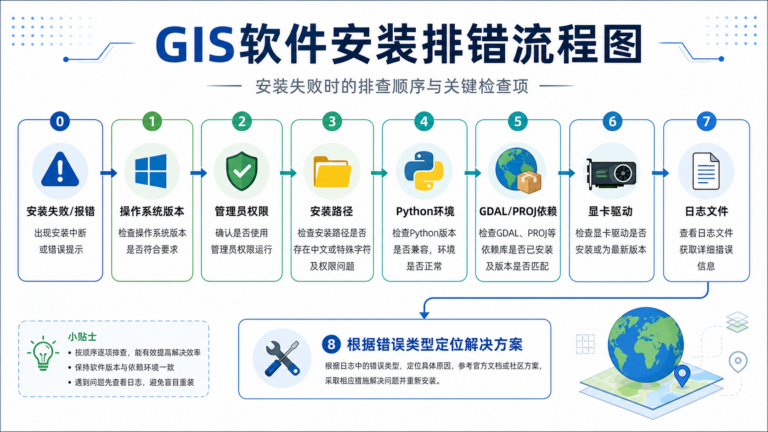 GIS软件安装报错与GIS环境配置兼容性排查流程图