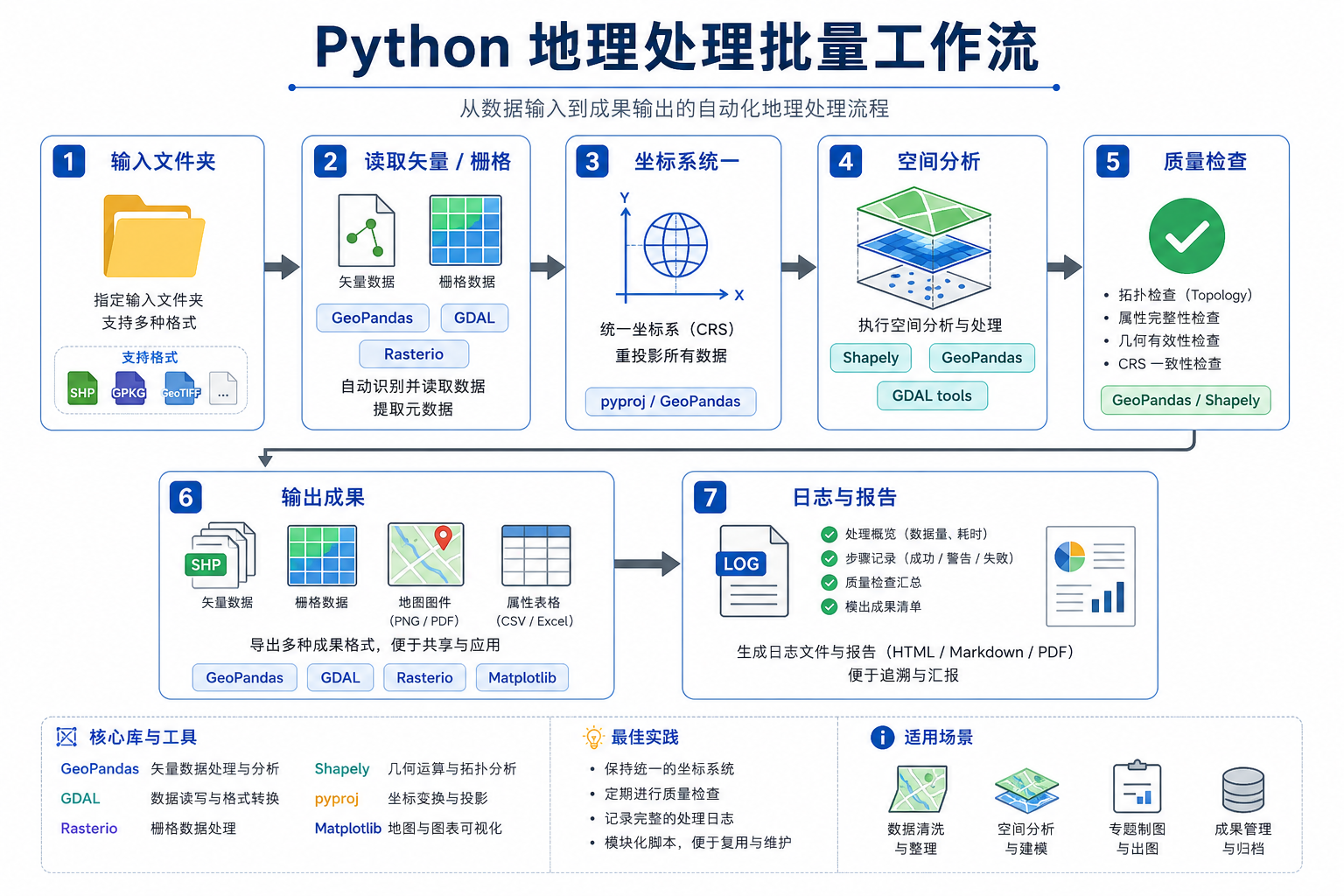 Python地理处理批量处理地理数据工作流示意图