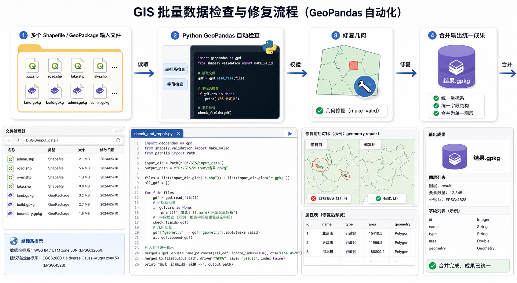 Python地理处理自动化脚本批量拼接地理数据流程图