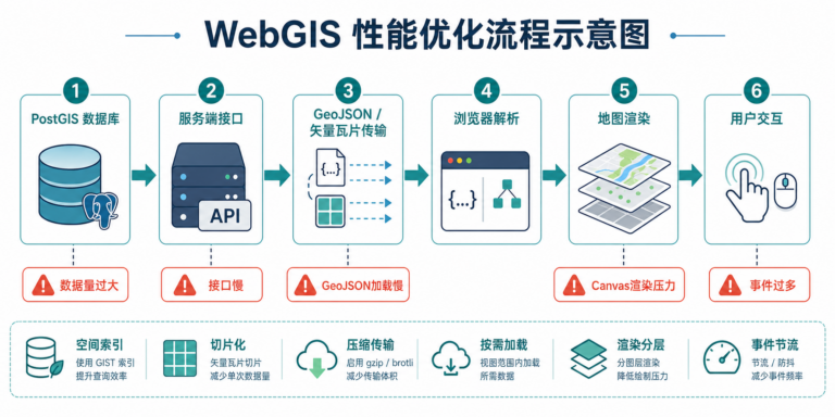 WebGIS开发性能优化与GeoJSON加载慢问题排查流程图