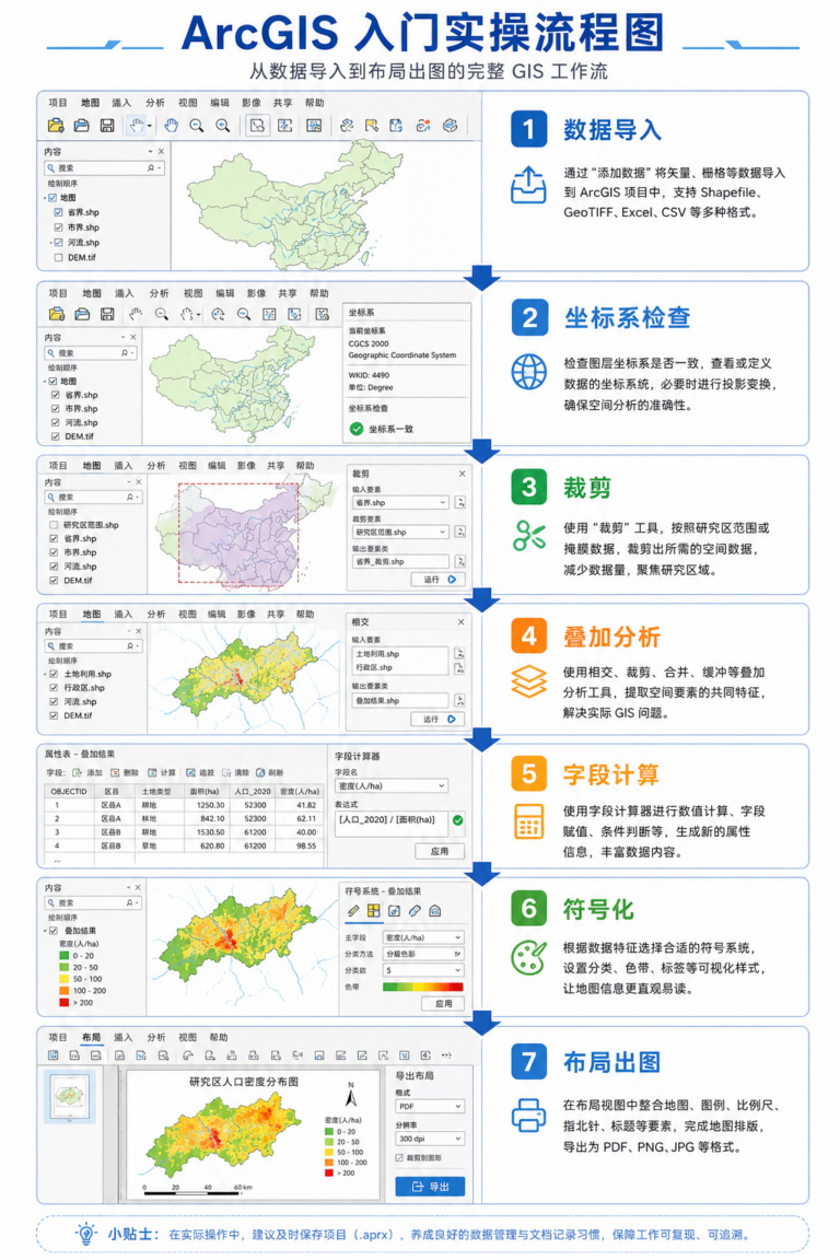ArcGIS教程入门 数据处理到出图实操流程图
