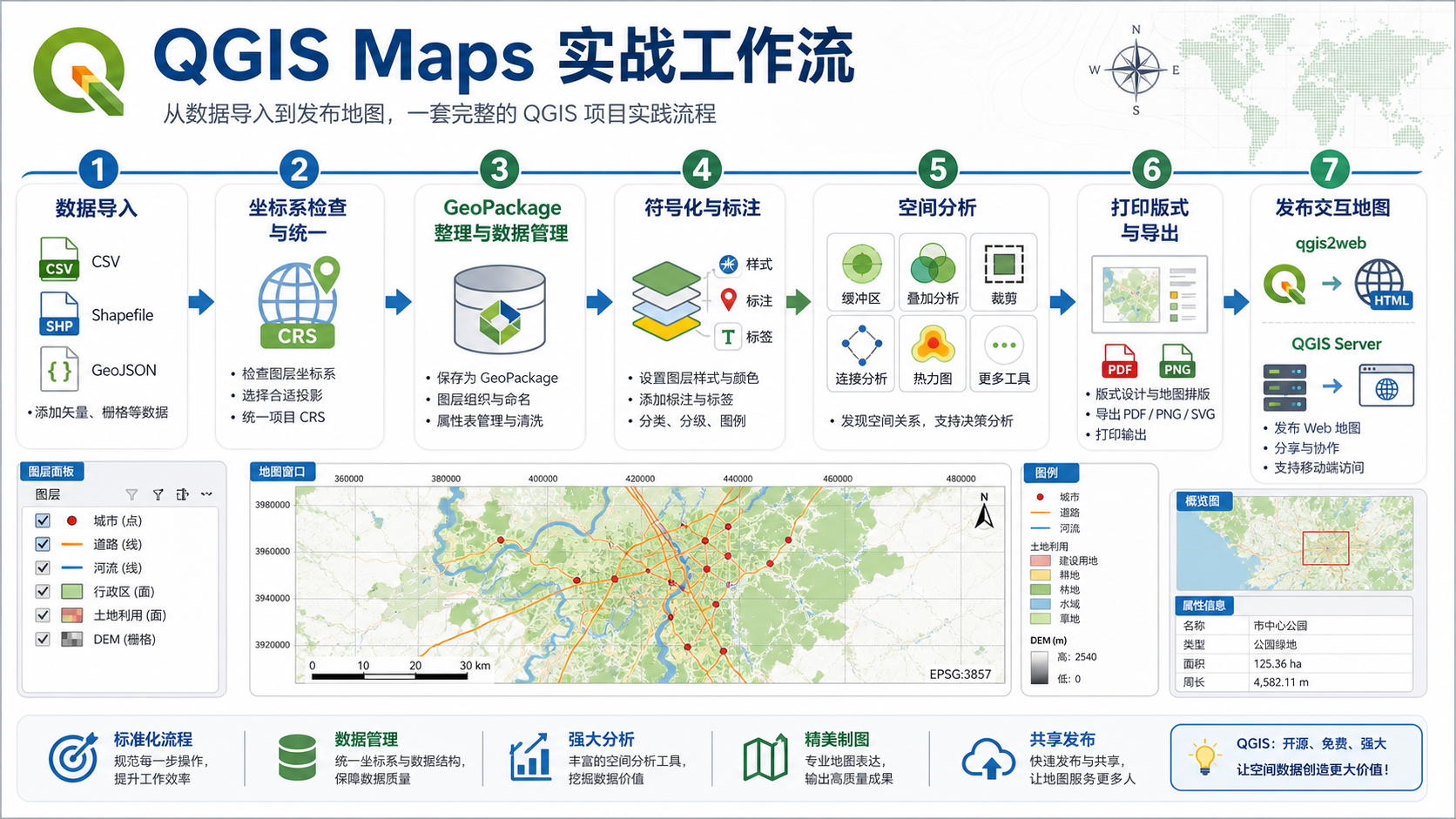 QGIS Maps 实战工作流与地图成果发布示意图
