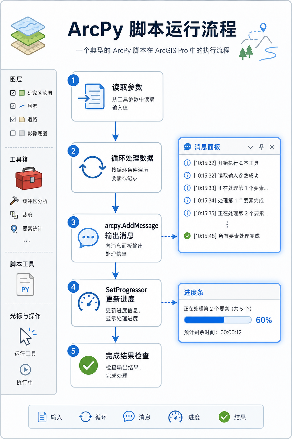 ArcPy脚本运行时实时追踪进度 arcpy.AddMessage用法流程图