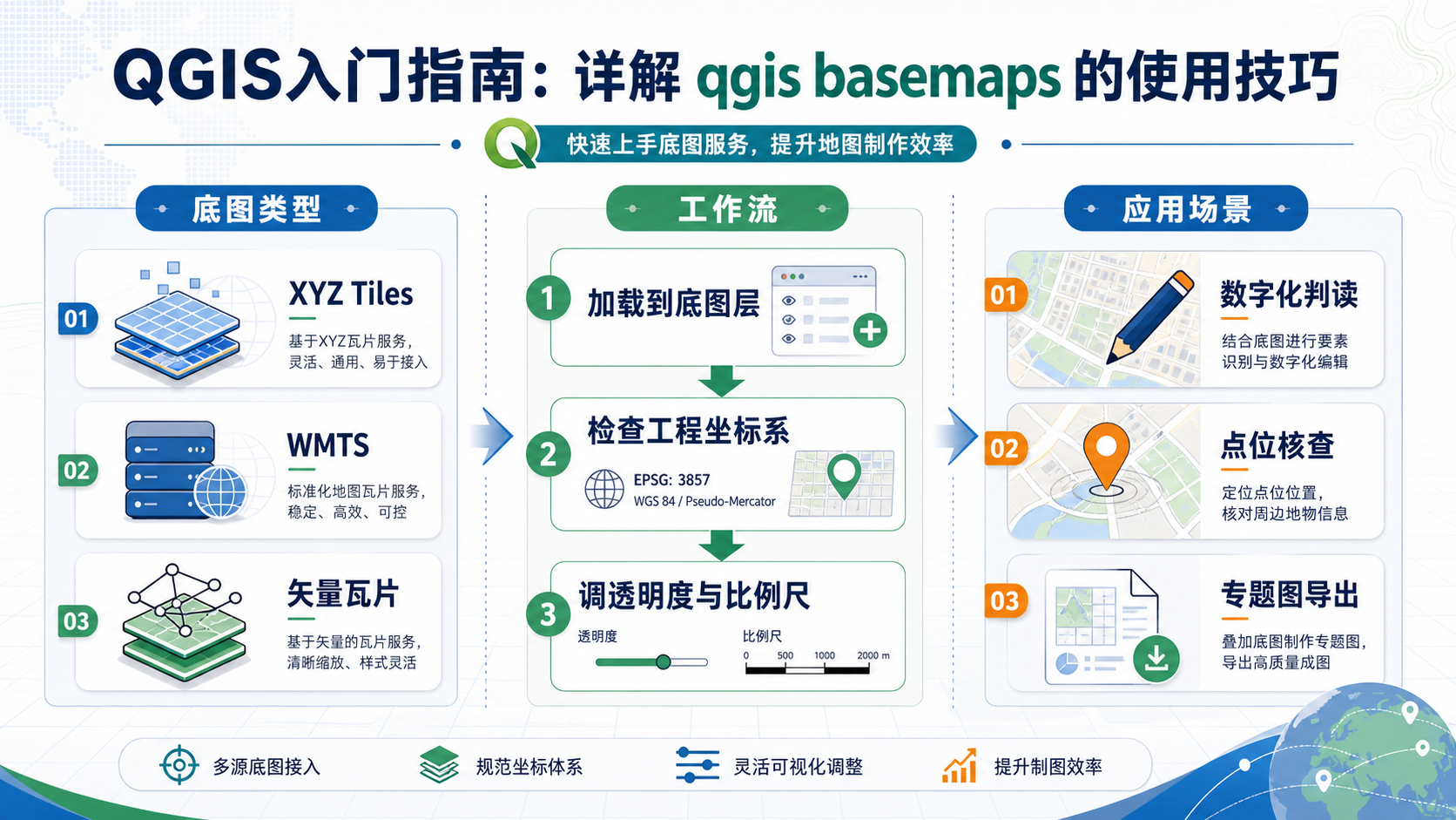 QGIS basemaps 类型与实战使用流程示意图