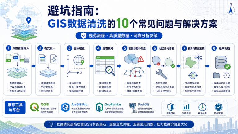 GIS数据清洗与坐标系不统一、拓扑错误排查流程示意图