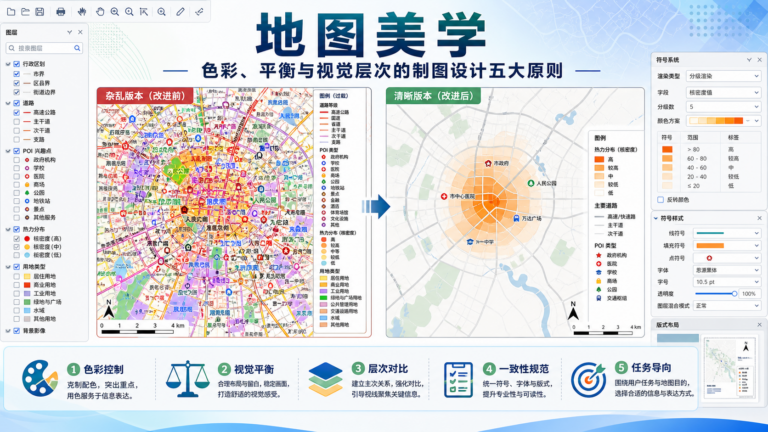 地图美学与制图设计五大原则在GIS专题图中的应用示意图