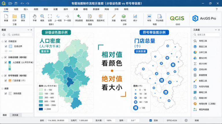 专题地图制作中分级设色与符号等级在人口密度和门店总量表达中的区别示意