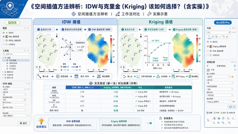 空间插值方法中IDW与Kriging选择和实操流程示意图
