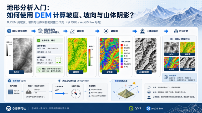DEM计算坡度 坡向 山体阴影工作流示意图