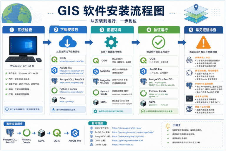 GIS软件安装教程与GIS安装懒人包流程示意图