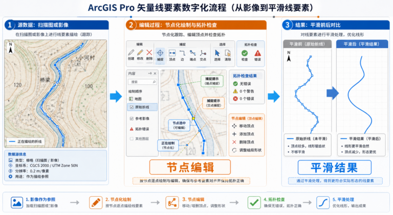 ArcGIS矢量化教程与ArcGIS画线平滑前后对比