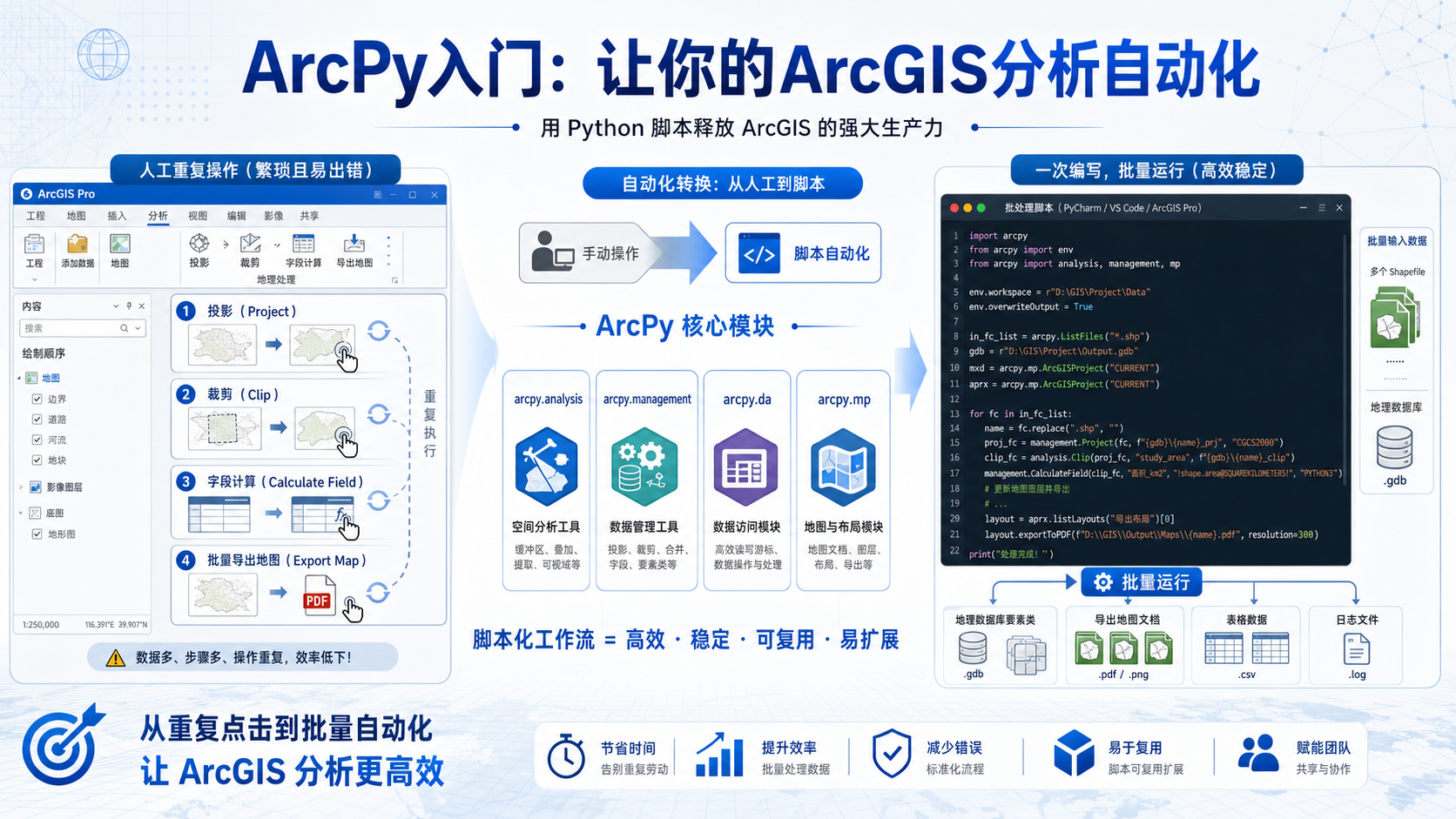 ArcPy入门与ArcGIS分析自动化工作流示意图