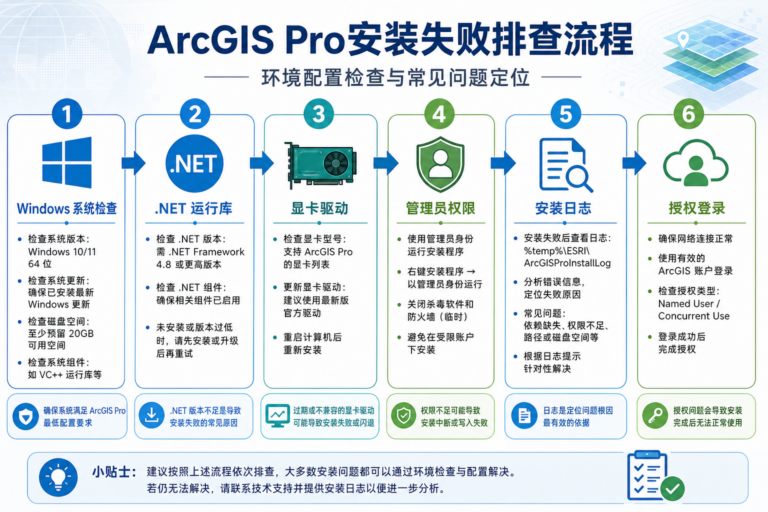 ArcGIS Pro安装失败与ArcGIS Pro环境配置排查流程图