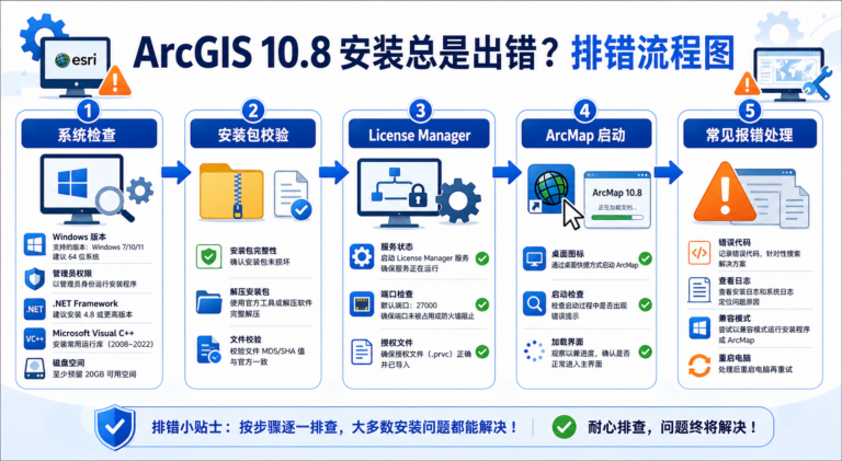 ArcGIS 10.8安装总是出错 ArcGIS 10.8安装教程排错流程图