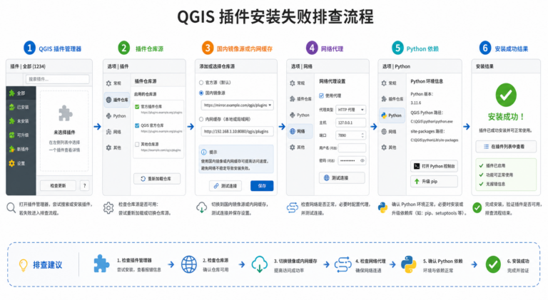 QGIS安装插件失败 国内镜像源配置流程图