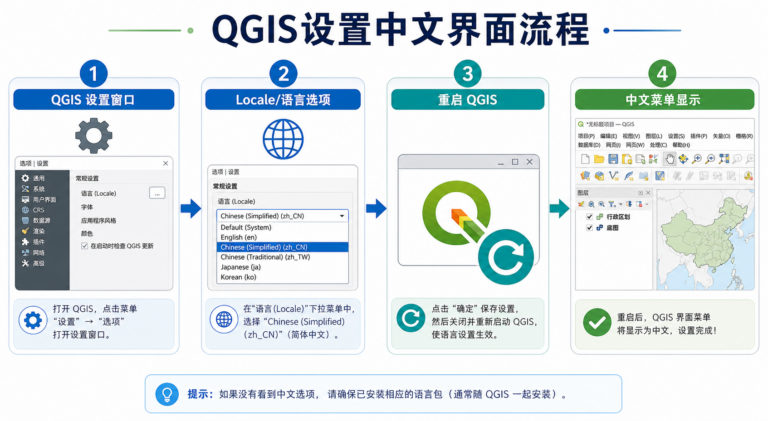 QGIS怎么设置中文与QGIS界面中文设置流程图