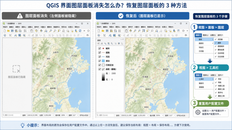 QGIS图层工具栏不见了 QGIS界面布局恢复步骤示意图