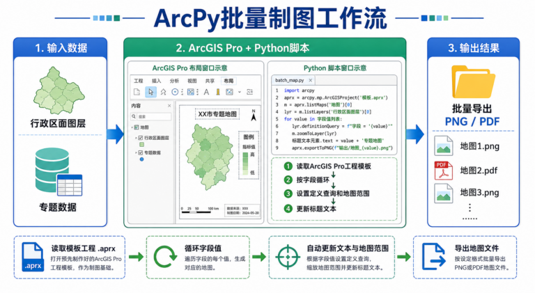 ArcPy批量制图 ArcPy批量导出地图工作流示意图