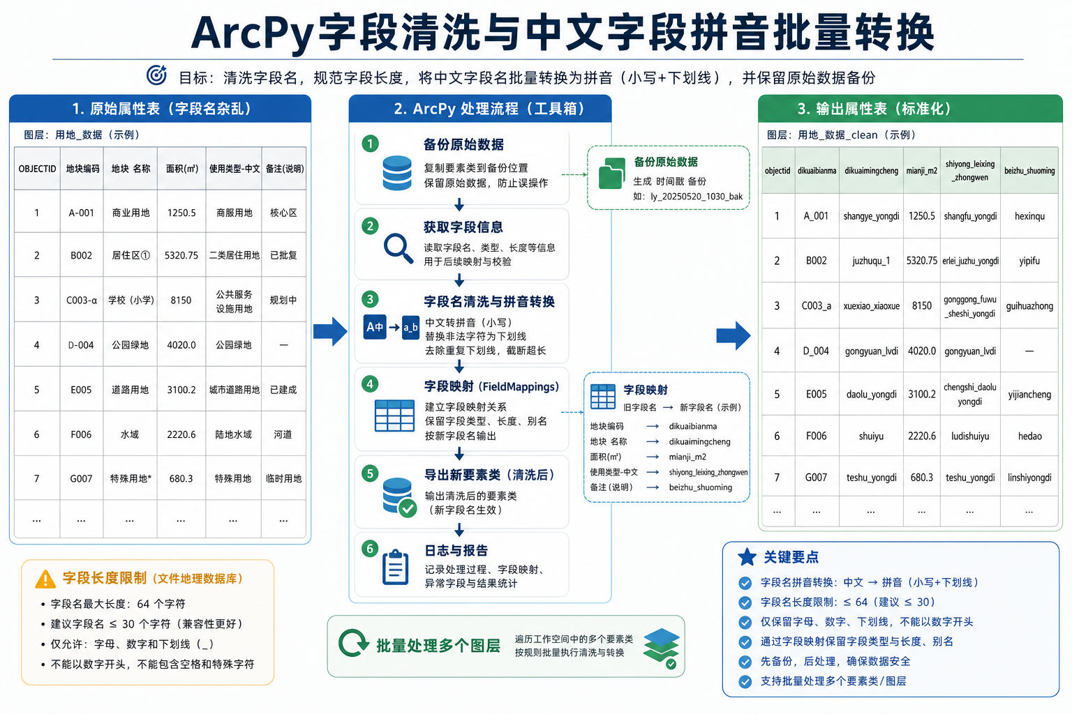 ArcPy字段清洗 中文字段拼音批量转换工具箱流程