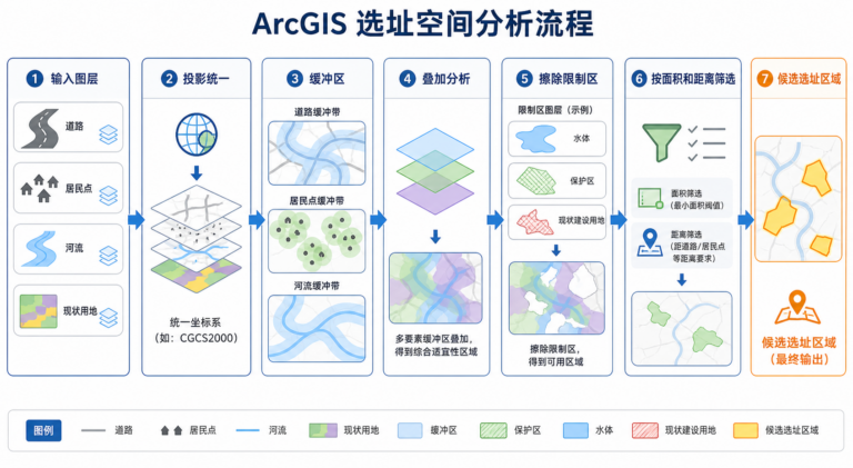 GIS空间分析法 ArcGIS选址实战流程图