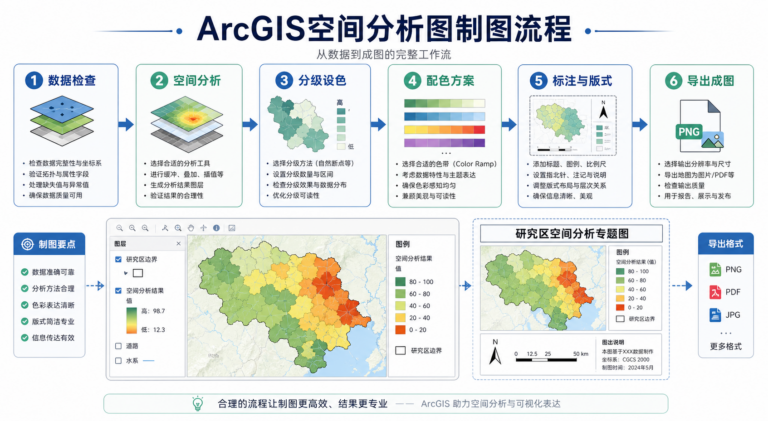 ArcGIS空间分析图制图流程与配色方案示意图
