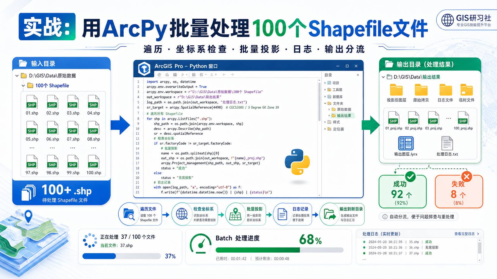 ArcPy批量处理Shapefile文件与批量投影100个Shapefile工作流示意图
