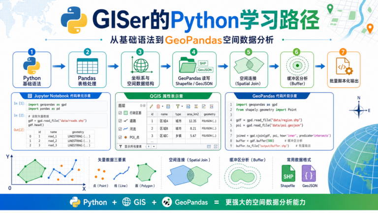 GISer的Python学习路径与GeoPandas空间数据分析工作流示意图