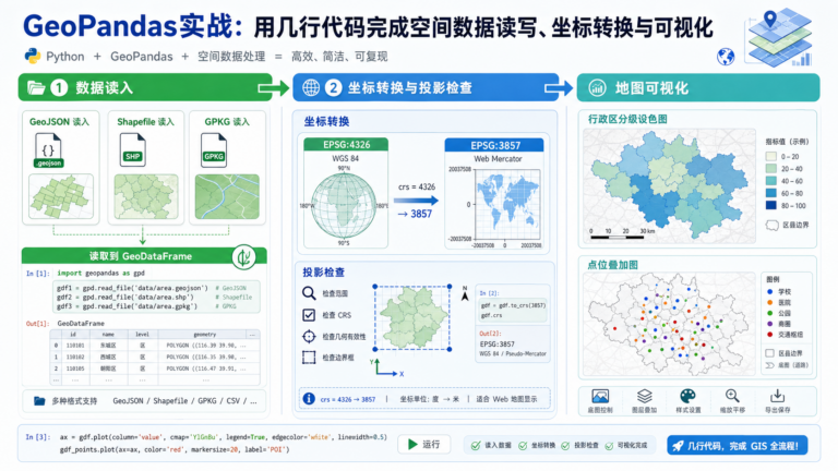 GeoPandas实战中空间数据读写、坐标转换与可视化流程示意图