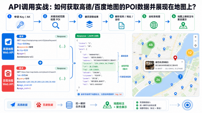 获取高德百度地图POI数据并展现在地图上的API调用工作流示意图