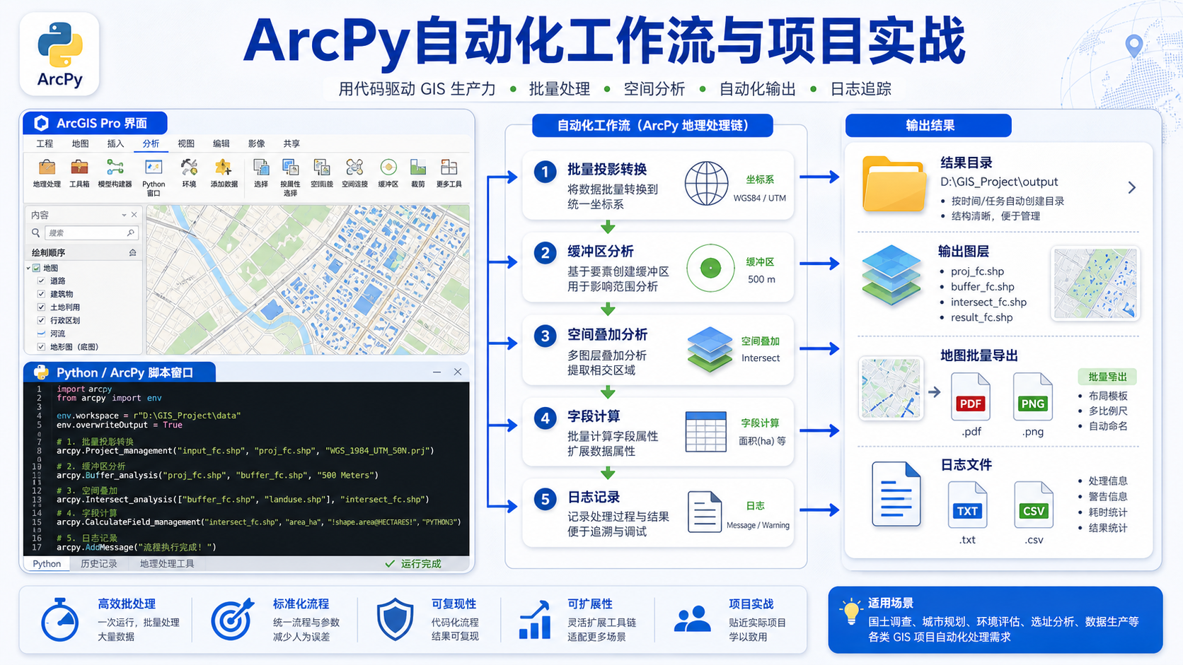 ArcPy自动化工作流与GIS项目实战示意图