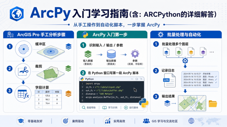 ArcPy入门从手工分析到脚本自动化的路径示意图