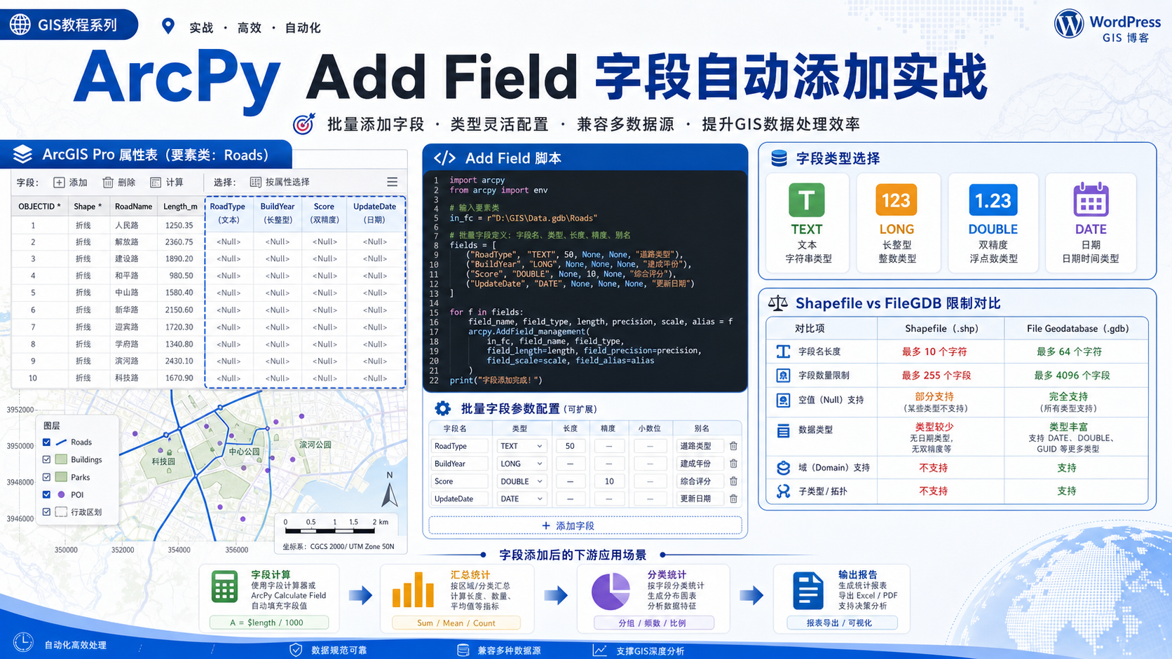 ArcPy Add Field 字段自动添加与属性表设计示意图