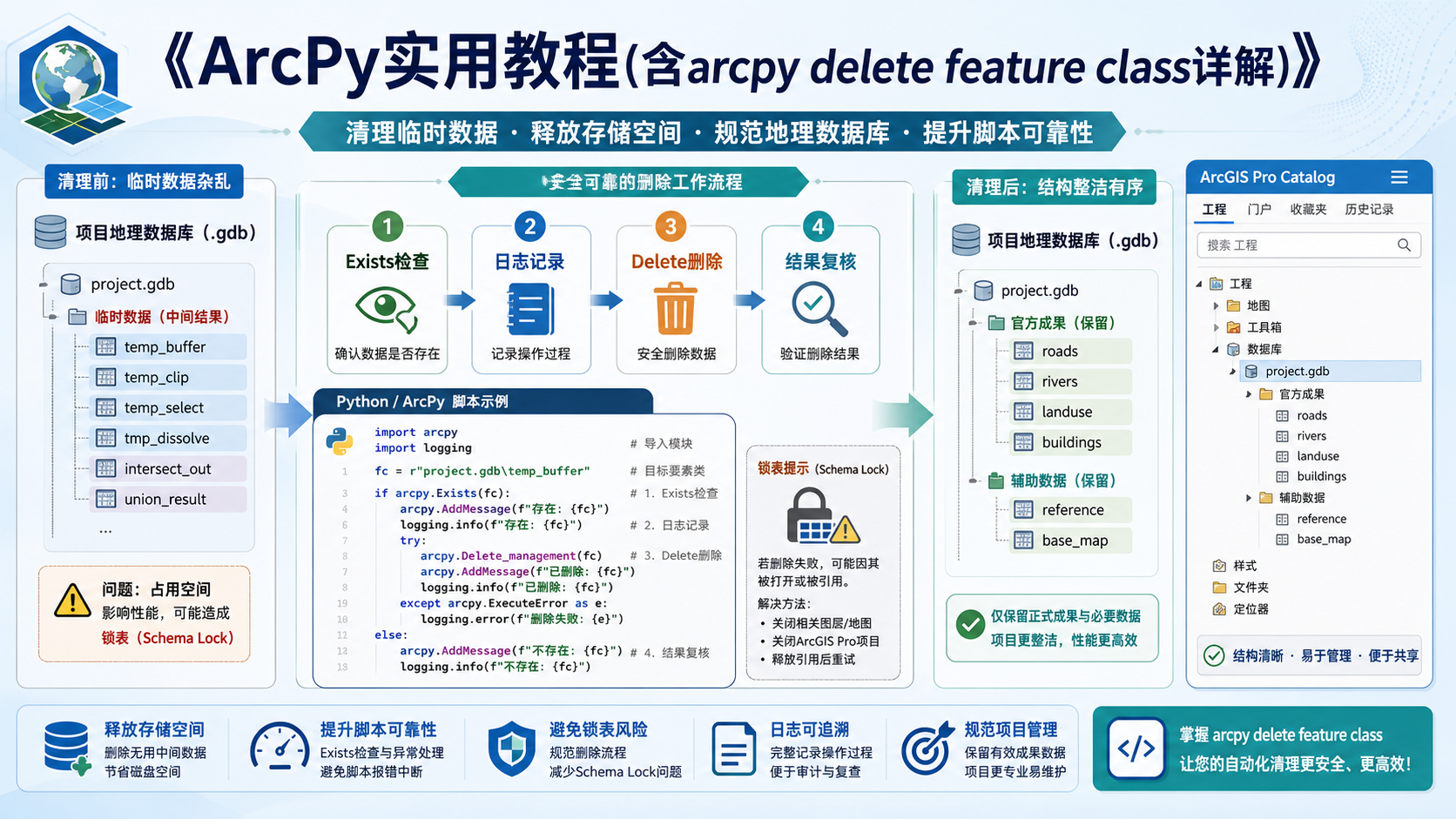 ArcPy实用教程与arcpy delete feature class安全删除工作流示意图