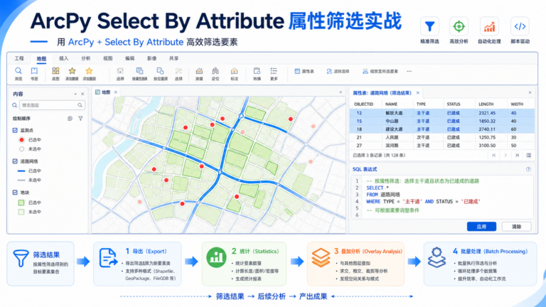 ArcPy Select By Attribute 属性筛选与后续分析工作流示意图