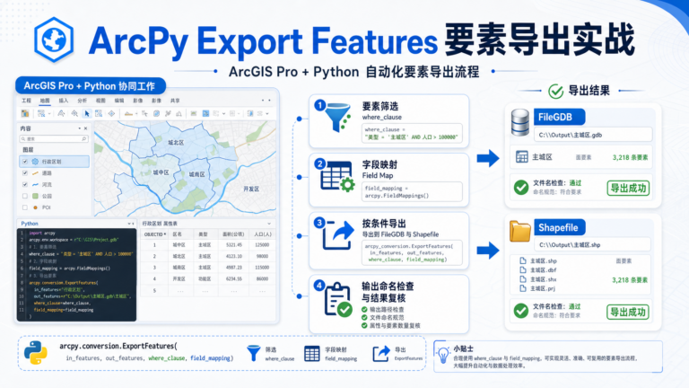 ArcPy Export Features 按条件导出要素与字段整理流程示意图