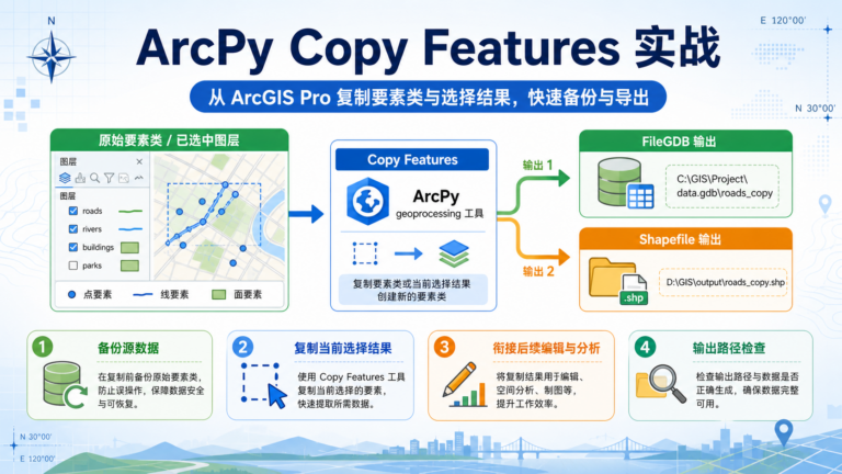 ArcPy Copy Features 复制要素与保留选择结果的工作流示意图
