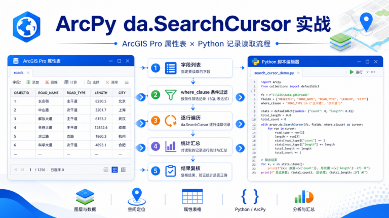 ArcPy da SearchCursor 读取属性表与统计分析工作流示意图