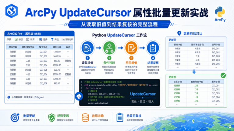 ArcPy UpdateCursor 批量更新属性表工作流示意图
