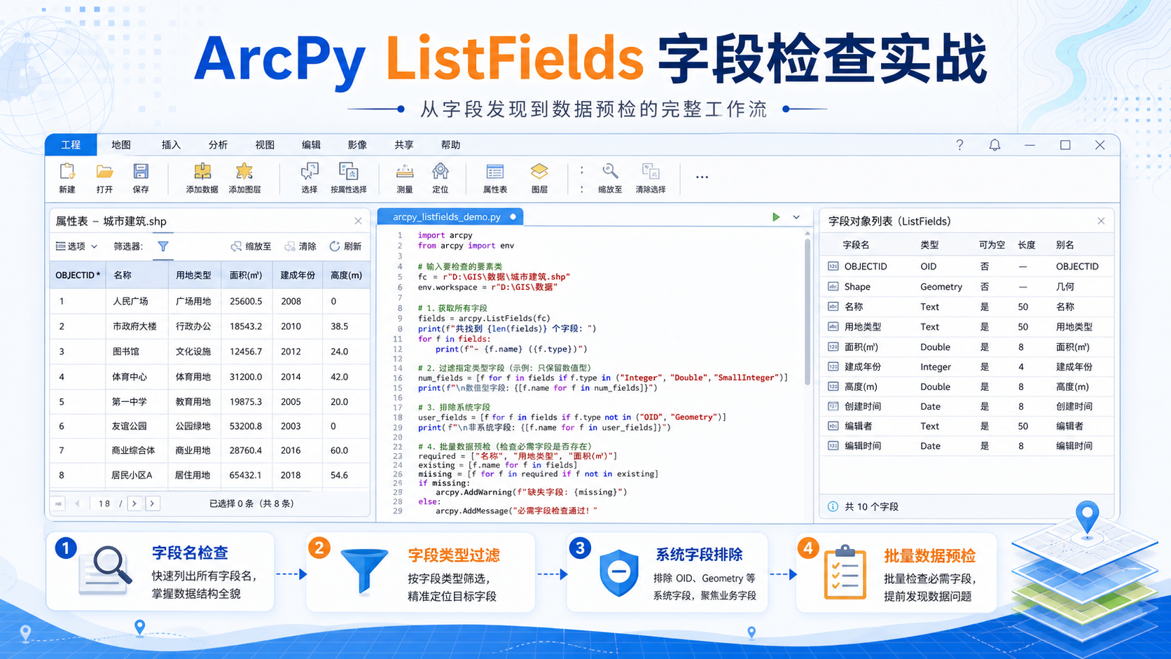 ArcPy ListFields 与 arcpy list fields 字段检查工作流示意图