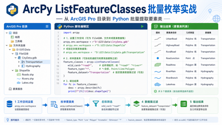 ArcPy ListFeatureClasses 与 arcpy list feature classes 批量枚举工作流示意图