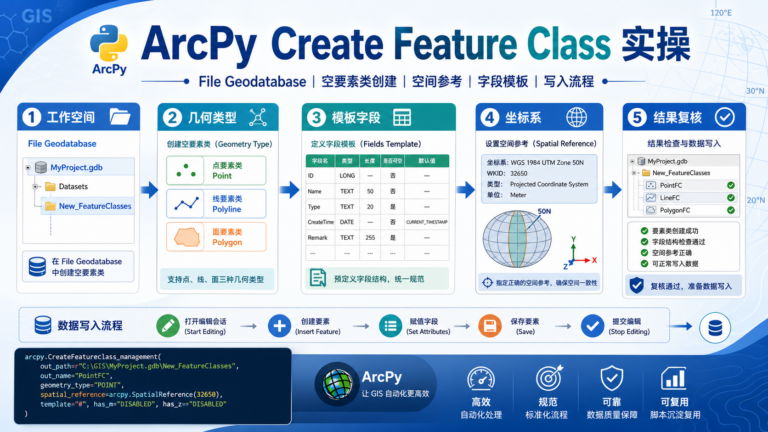 ArcPy Create Feature Class 创建空要素类与后续写入工作流示意图
