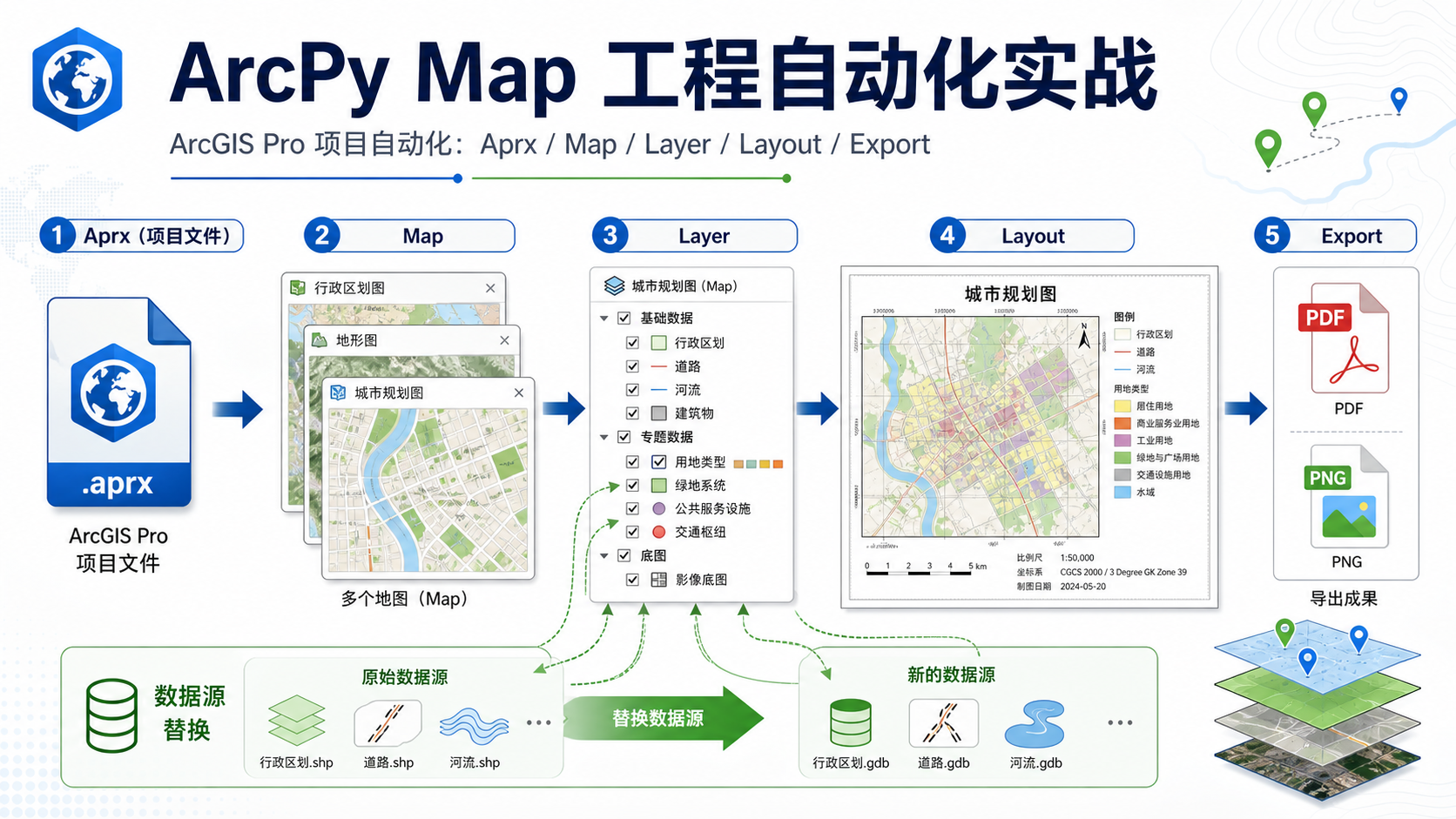 ArcPy Map 工程自动化与arcpy map核心应用流程示意图