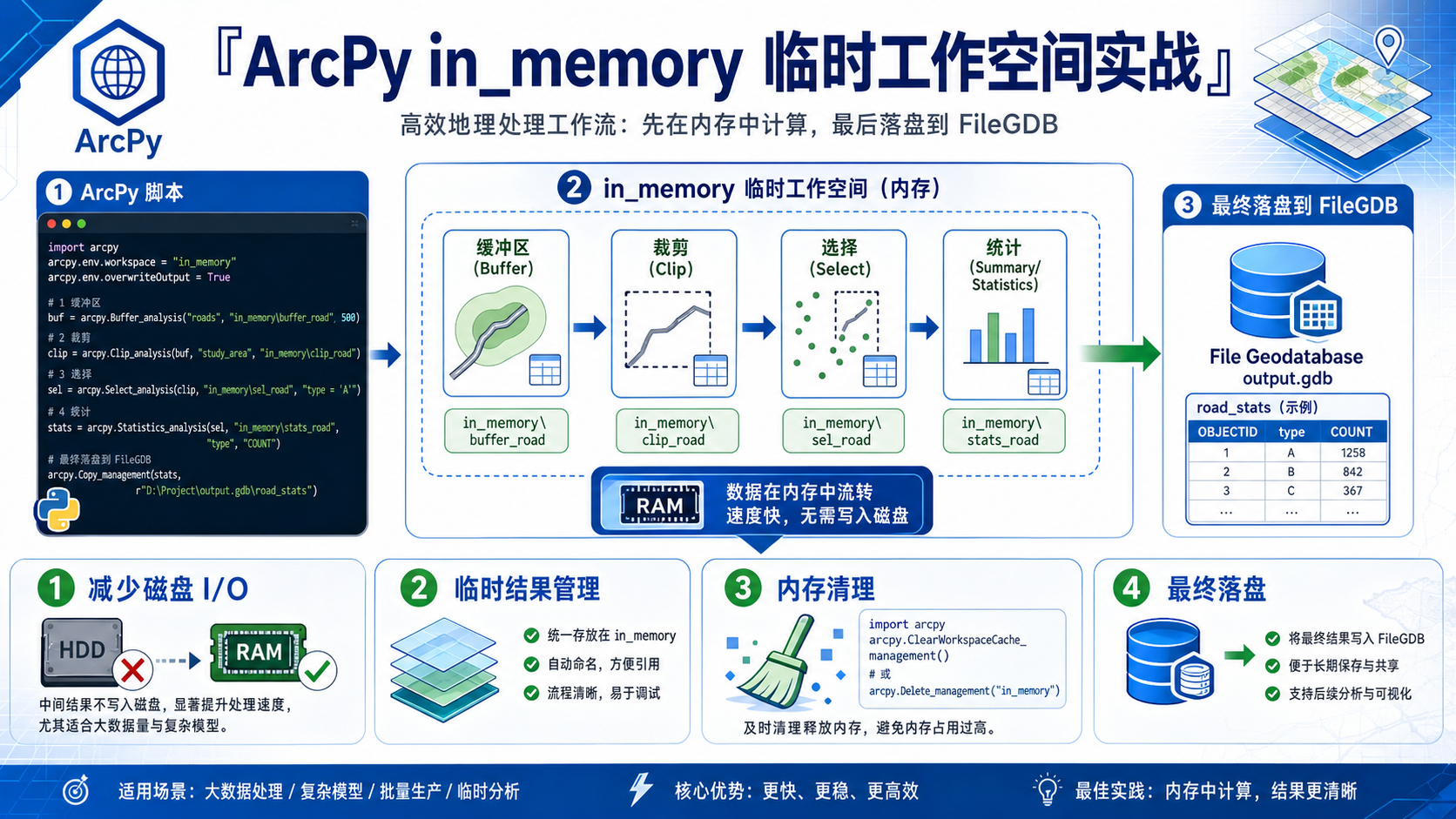 ArcPy in_memory 临时工作空间与arcpy in_memory实操流程示意图
