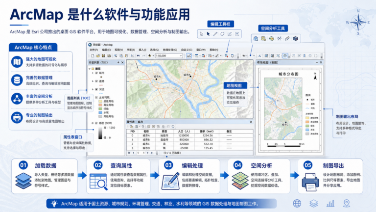 ArcMap 是什么软件及其核心功能与应用工作流示意图