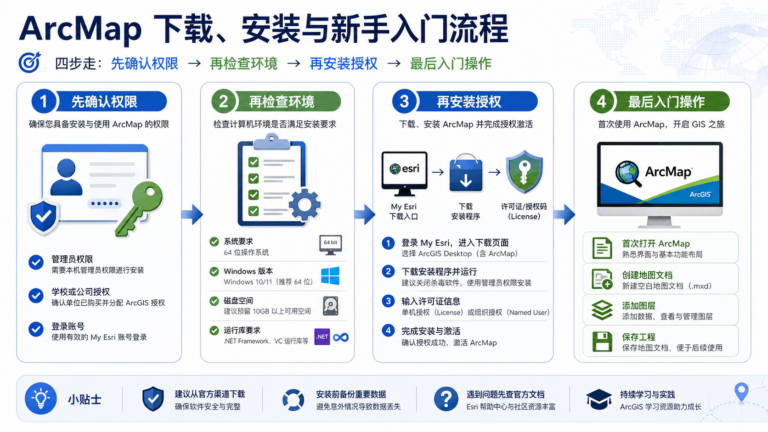 ArcMap 下载安装与新手入门完整流程示意图