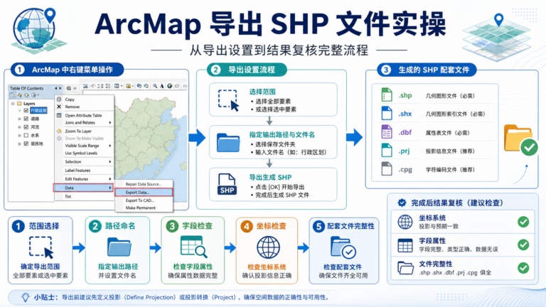 ArcMap 导出 SHP 文件完整流程与结果检查示意图