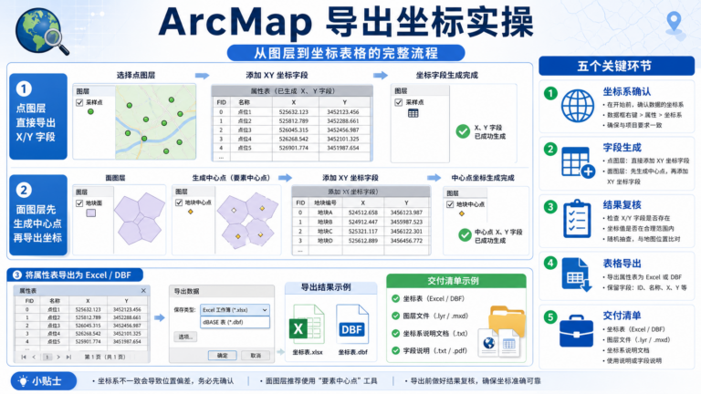 ArcMap 导出坐标完整流程与结果检查示意图