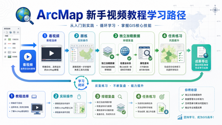 ArcMap新手视频教程与ArcMap入门学习路径示意图