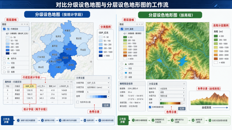 分级设色地图下载与分层设色地形图颜色设置示意图