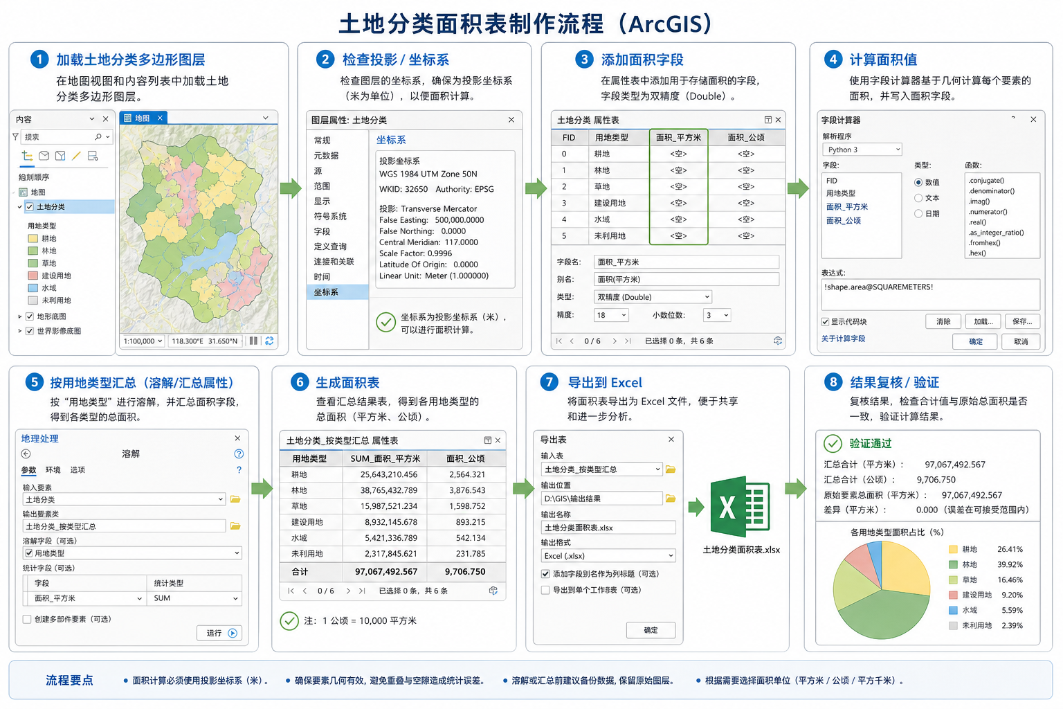ArcGIS 土地分类面积表制作与 ArcGIS 土地分类统计流程示意图